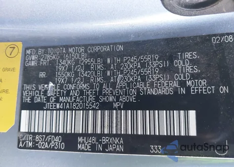 2008 Toyota Highlander Hybrid from USA, damaged, VIN JTEEW41A182015542